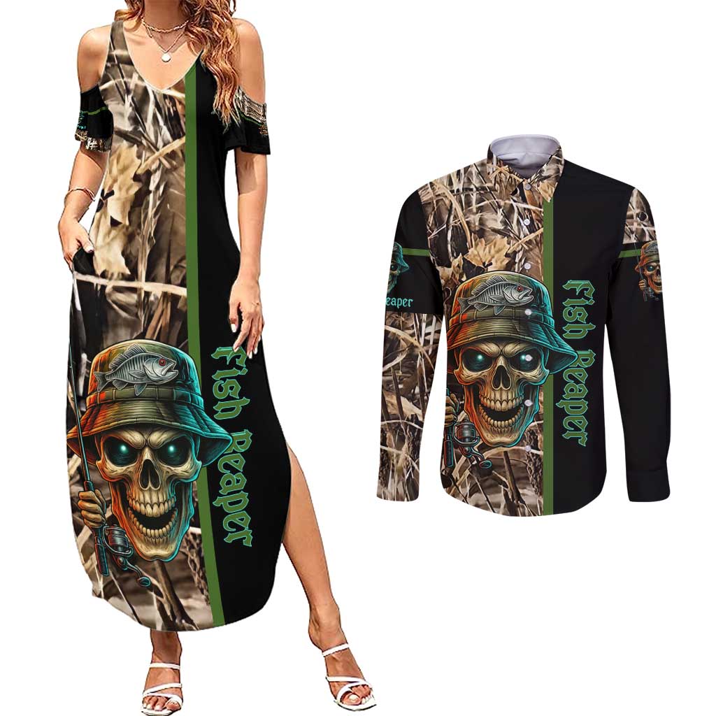 Personalized Fish Reaper Skull Couples Matching Summer Maxi Dress and Long Sleeve Button Shirt Camouflage Background and Fishing Rod Graphic Design - Wonder Print Shop