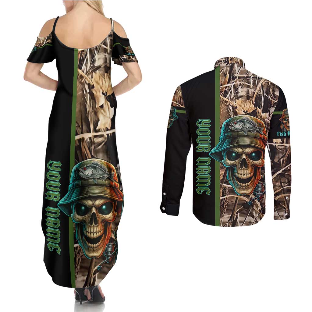 Personalized Fish Reaper Skull Couples Matching Summer Maxi Dress and Long Sleeve Button Shirt Camouflage Background and Fishing Rod Graphic Design - Wonder Print Shop