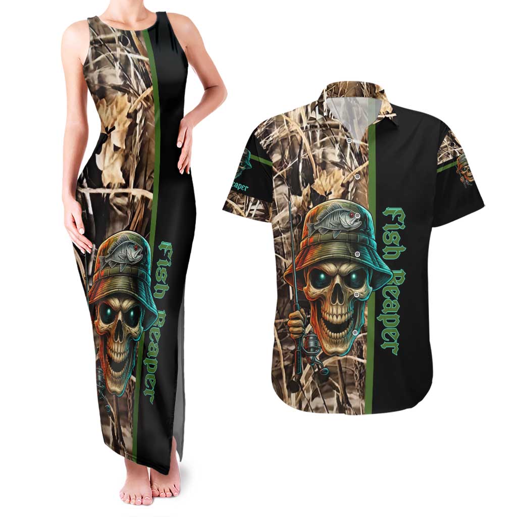 Personalized Fish Reaper Skull Couples Matching Tank Maxi Dress and Hawaiian Shirt Camouflage Background and Fishing Rod Graphic Design - Wonder Print Shop