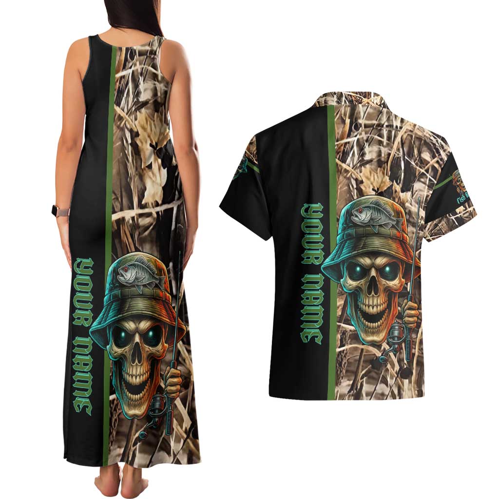 Personalized Fish Reaper Skull Couples Matching Tank Maxi Dress and Hawaiian Shirt Camouflage Background and Fishing Rod Graphic Design - Wonder Print Shop