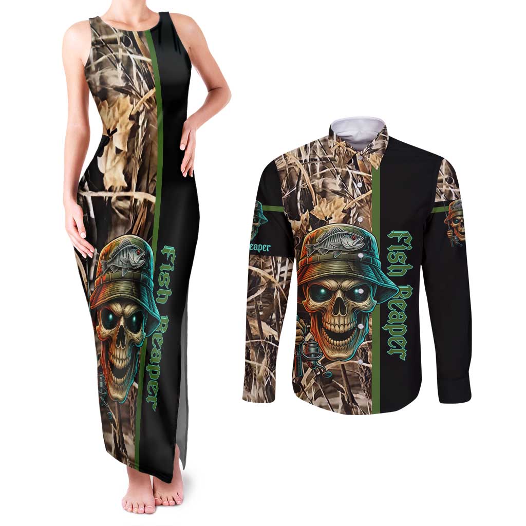 Personalized Fish Reaper Skull Couples Matching Tank Maxi Dress and Long Sleeve Button Shirt Camouflage Background and Fishing Rod Graphic Design - Wonder Print Shop