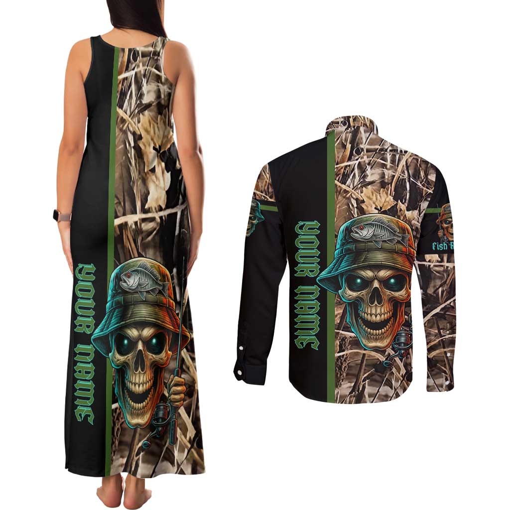 Personalized Fish Reaper Skull Couples Matching Tank Maxi Dress and Long Sleeve Button Shirt Camouflage Background and Fishing Rod Graphic Design - Wonder Print Shop