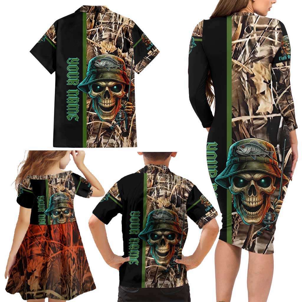 Personalized Fish Reaper Skull Family Matching Long Sleeve Bodycon Dress and Hawaiian Shirt Camouflage Background and Fishing Rod Graphic Design - Wonder Print Shop