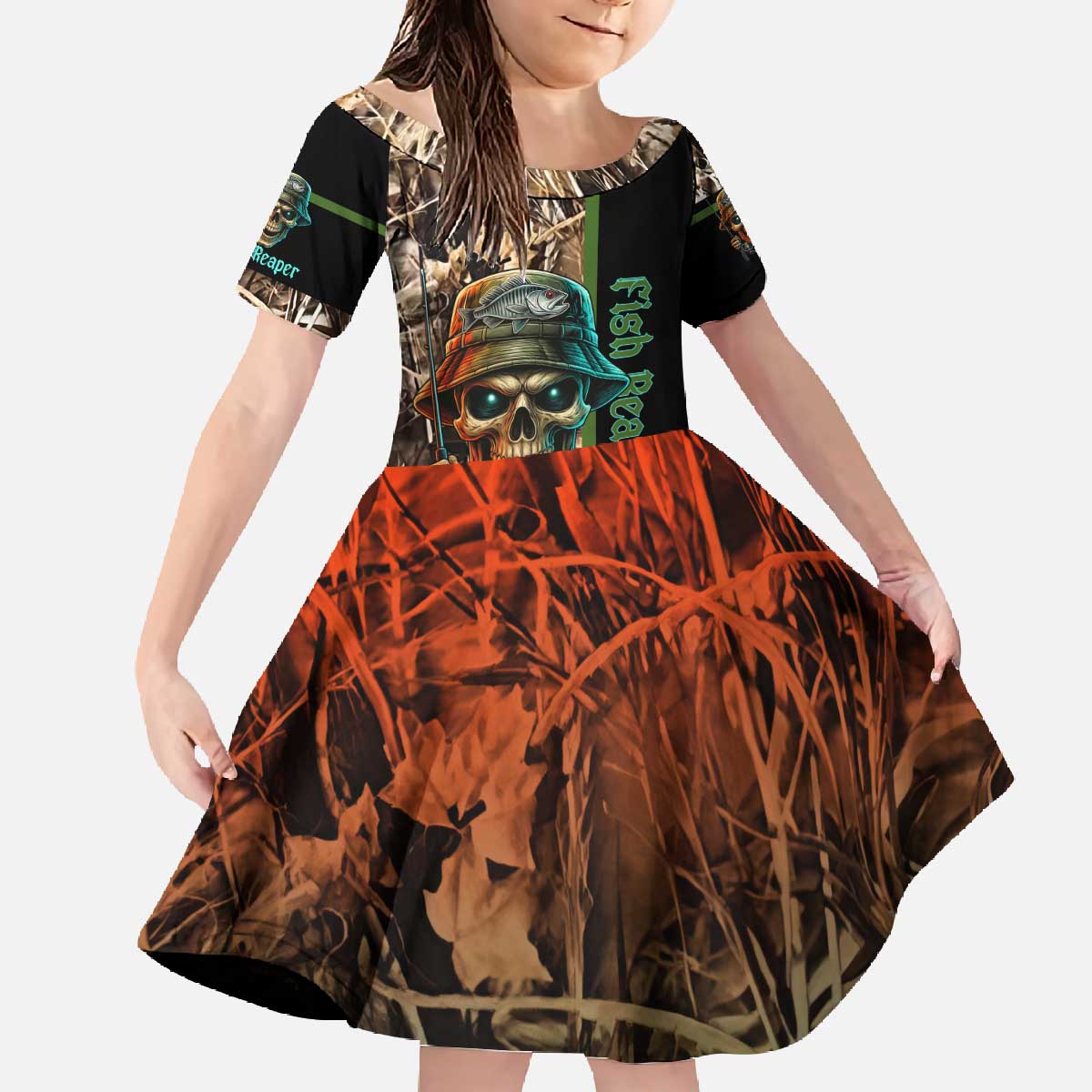 Personalized Fish Reaper Skull Family Matching Off The Shoulder Long Sleeve Dress and Hawaiian Shirt Camouflage Background and Fishing Rod Graphic Design - Wonder Print Shop