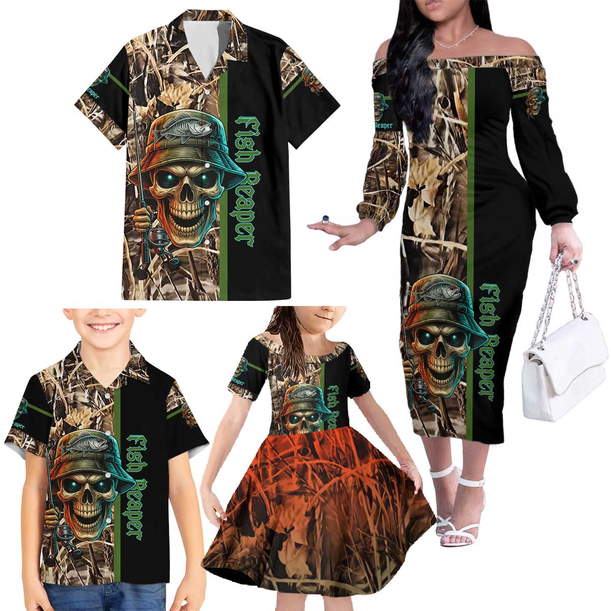 Personalized Fish Reaper Skull Family Matching Off The Shoulder Long Sleeve Dress and Hawaiian Shirt Camouflage Background and Fishing Rod Graphic Design - Wonder Print Shop