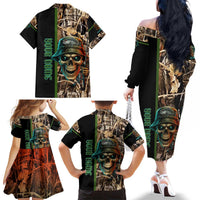 Personalized Fish Reaper Skull Family Matching Off The Shoulder Long Sleeve Dress and Hawaiian Shirt Camouflage Background and Fishing Rod Graphic Design - Wonder Print Shop