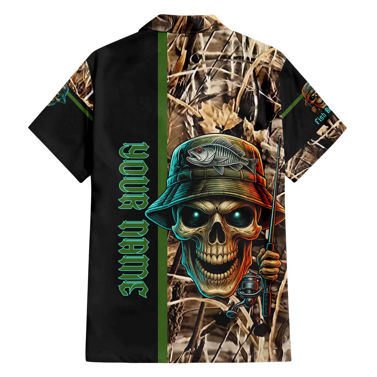 Personalized Fish Reaper Skull Family Matching Off The Shoulder Long Sleeve Dress and Hawaiian Shirt Camouflage Background and Fishing Rod Graphic Design - Wonder Print Shop