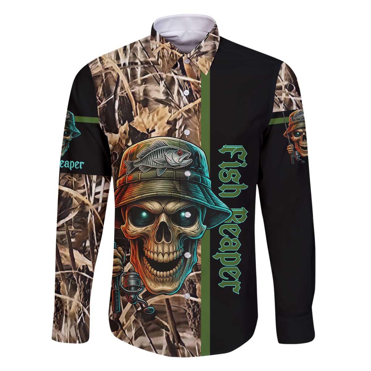 Personalized Fish Reaper Skull Family Matching Off The Shoulder Long Sleeve Dress and Hawaiian Shirt Camouflage Background and Fishing Rod Graphic Design - Wonder Print Shop