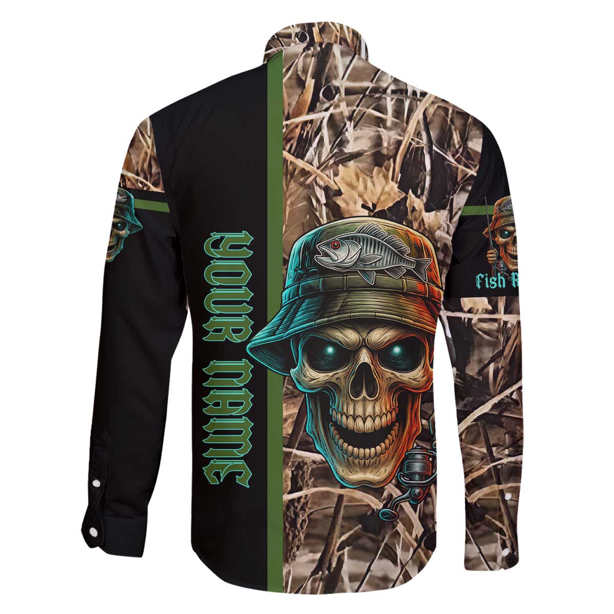 Personalized Fish Reaper Skull Family Matching Off The Shoulder Long Sleeve Dress and Hawaiian Shirt Camouflage Background and Fishing Rod Graphic Design - Wonder Print Shop