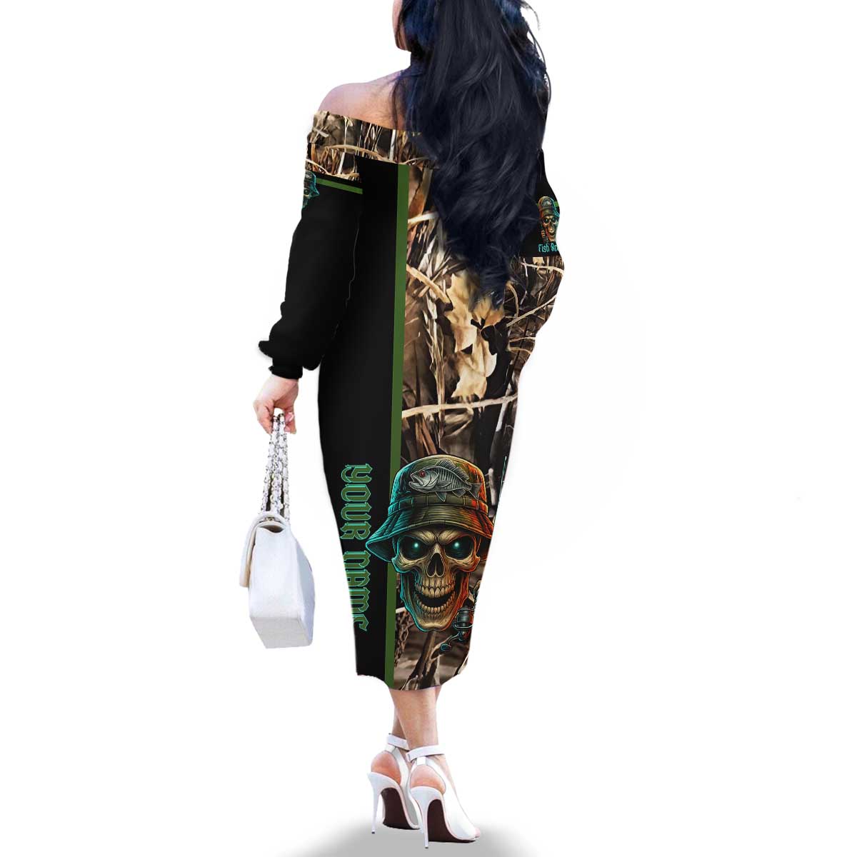 Personalized Fish Reaper Skull Family Matching Off The Shoulder Long Sleeve Dress and Hawaiian Shirt Camouflage Background and Fishing Rod Graphic Design - Wonder Print Shop