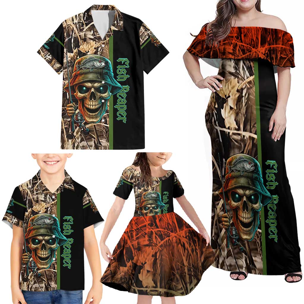 Personalized Fish Reaper Skull Family Matching Off Shoulder Maxi Dress and Hawaiian Shirt Camouflage Background and Fishing Rod Graphic Design - Wonder Print Shop