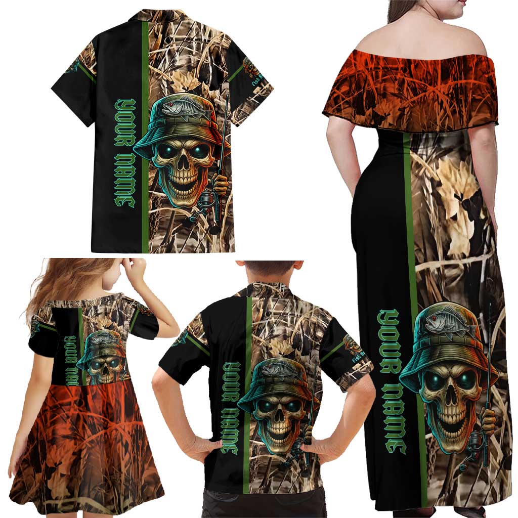 Personalized Fish Reaper Skull Family Matching Off Shoulder Maxi Dress and Hawaiian Shirt Camouflage Background and Fishing Rod Graphic Design - Wonder Print Shop