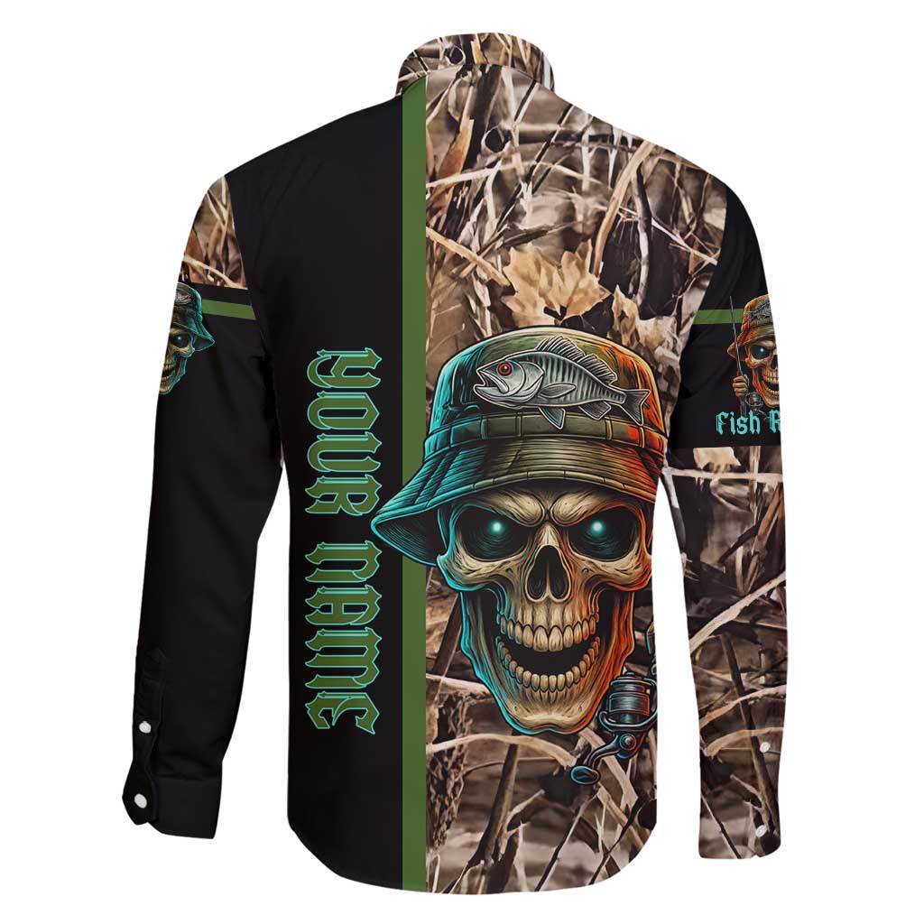 Personalized Fish Reaper Skull Family Matching Off Shoulder Maxi Dress and Hawaiian Shirt Camouflage Background and Fishing Rod Graphic Design - Wonder Print Shop
