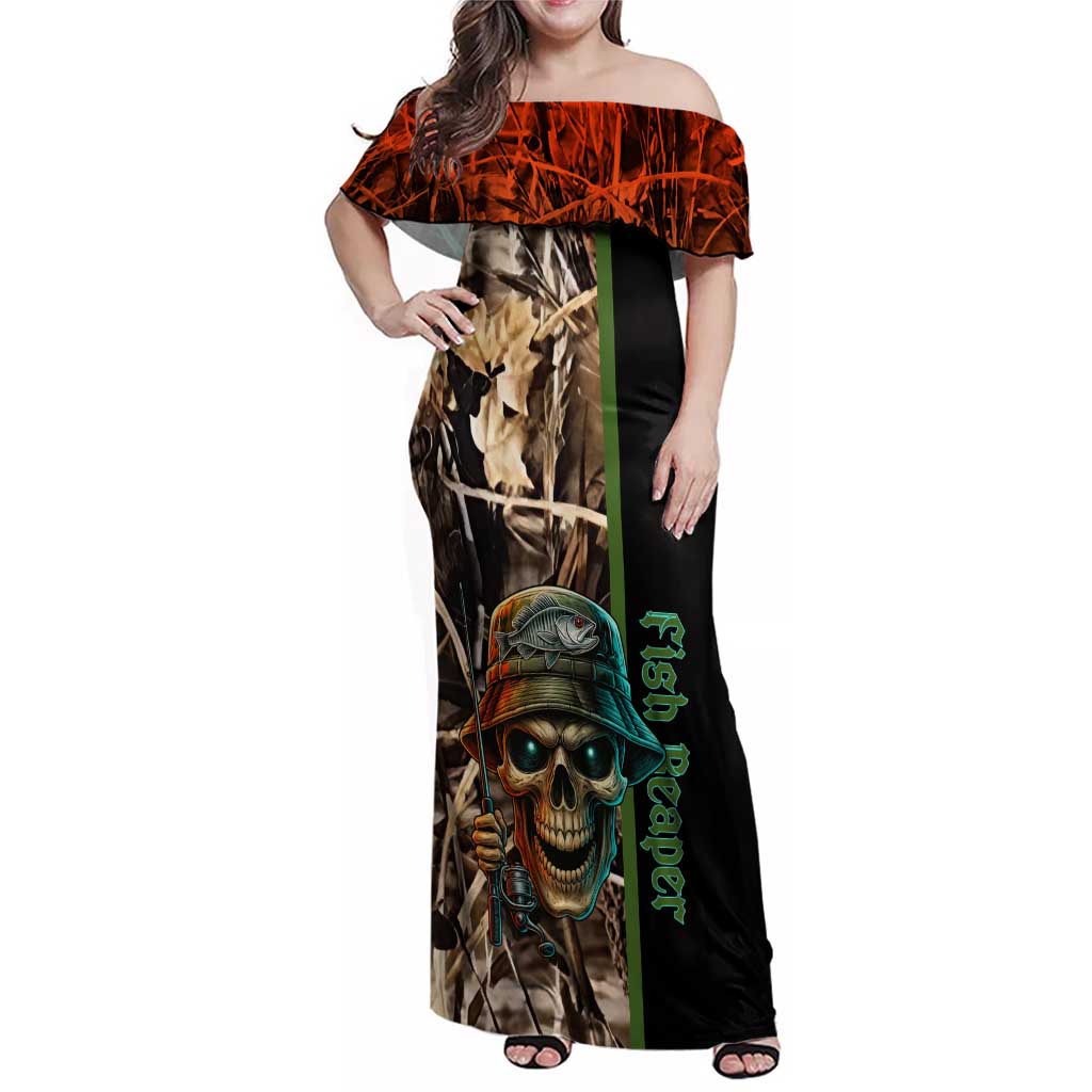 Personalized Fish Reaper Skull Family Matching Off Shoulder Maxi Dress and Hawaiian Shirt Camouflage Background and Fishing Rod Graphic Design - Wonder Print Shop