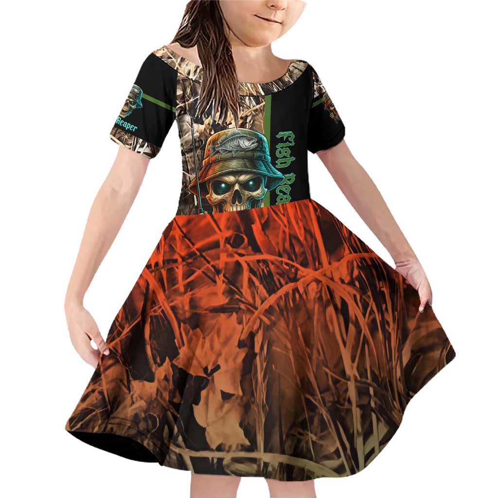 Personalized Fish Reaper Skull Family Matching Off Shoulder Short Dress and Hawaiian Shirt Camouflage Background and Fishing Rod Graphic Design - Wonder Print Shop