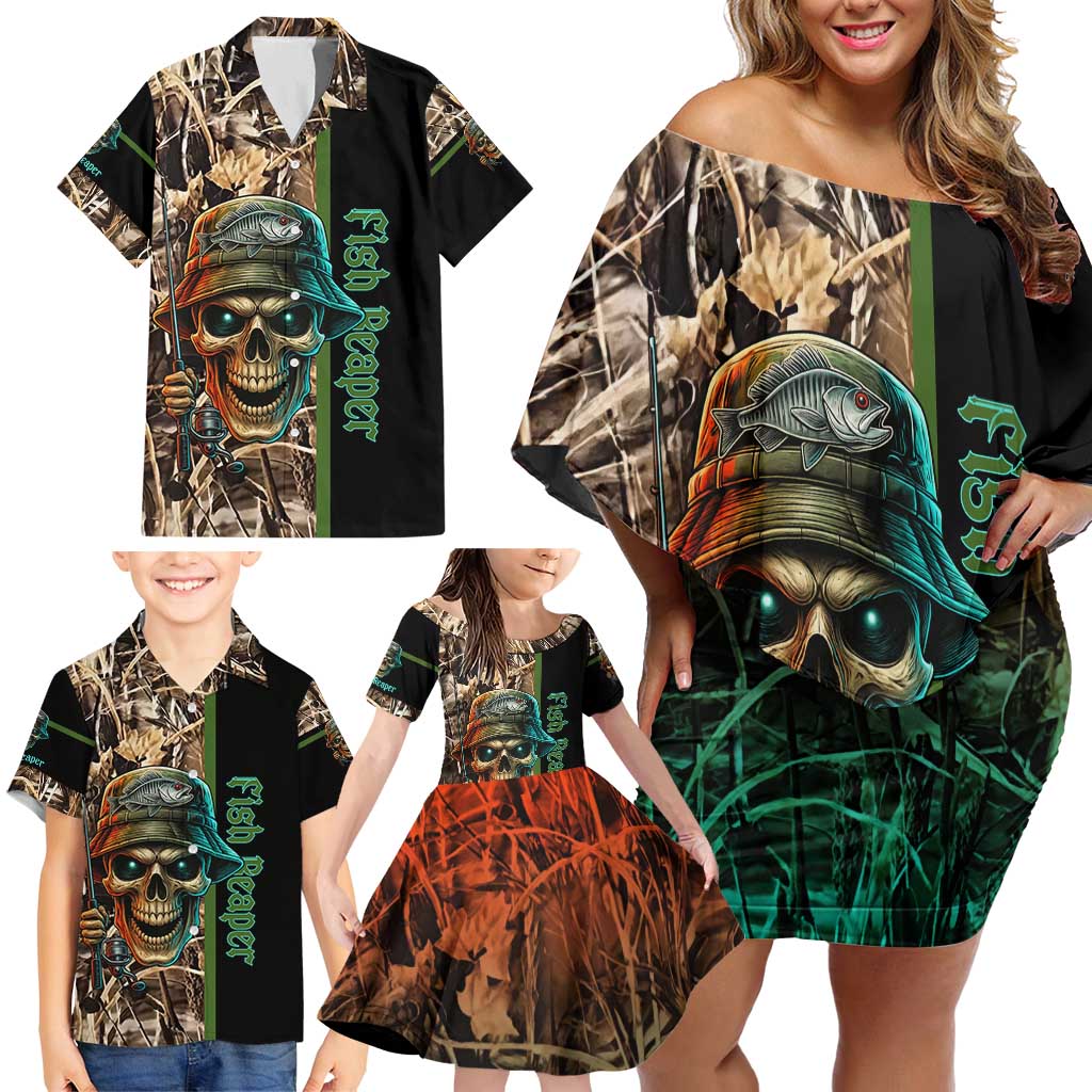 Personalized Fish Reaper Skull Family Matching Off Shoulder Short Dress and Hawaiian Shirt Camouflage Background and Fishing Rod Graphic Design - Wonder Print Shop