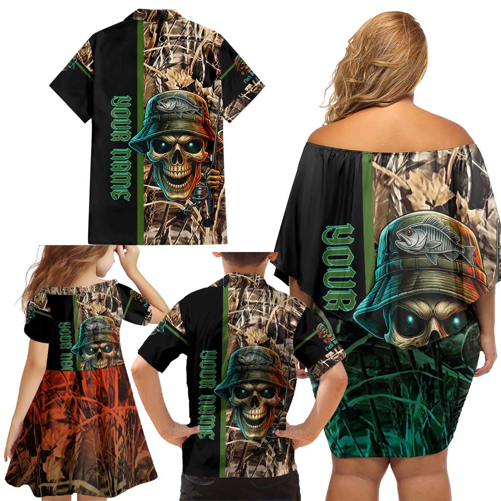Personalized Fish Reaper Skull Family Matching Off Shoulder Short Dress and Hawaiian Shirt Camouflage Background and Fishing Rod Graphic Design - Wonder Print Shop