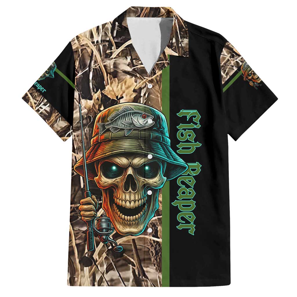 Personalized Fish Reaper Skull Family Matching Off Shoulder Short Dress and Hawaiian Shirt Camouflage Background and Fishing Rod Graphic Design - Wonder Print Shop