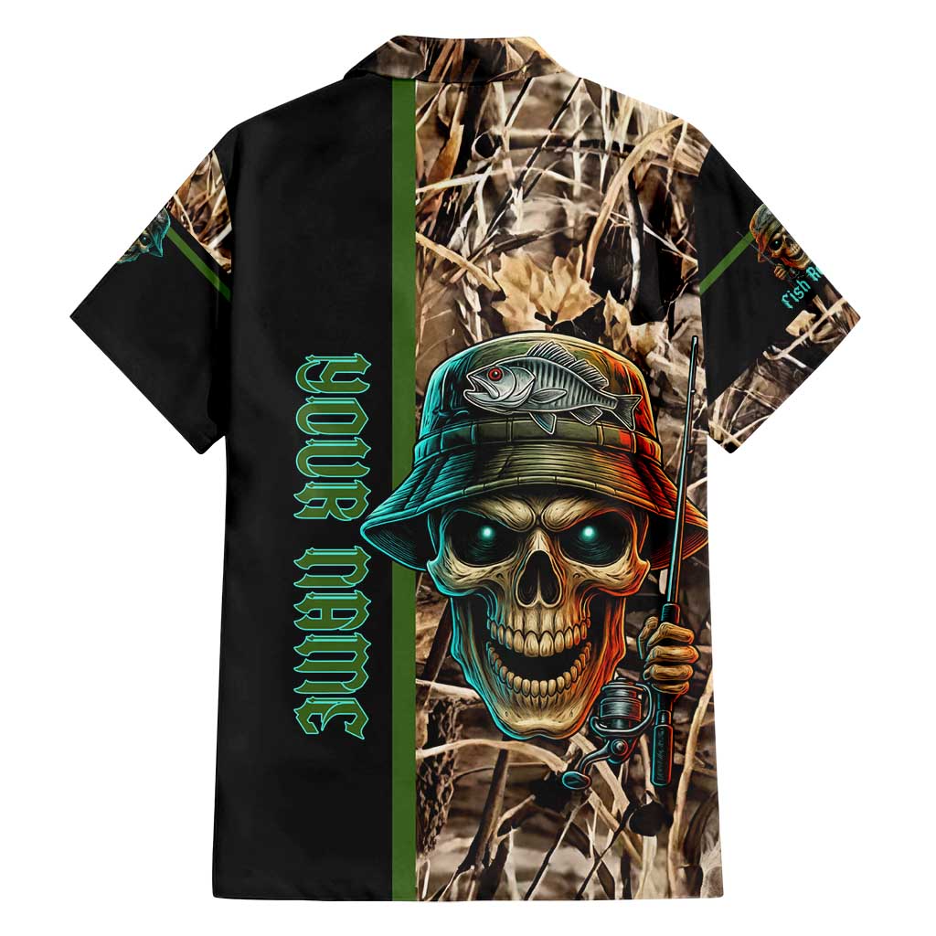 Personalized Fish Reaper Skull Family Matching Off Shoulder Short Dress and Hawaiian Shirt Camouflage Background and Fishing Rod Graphic Design - Wonder Print Shop