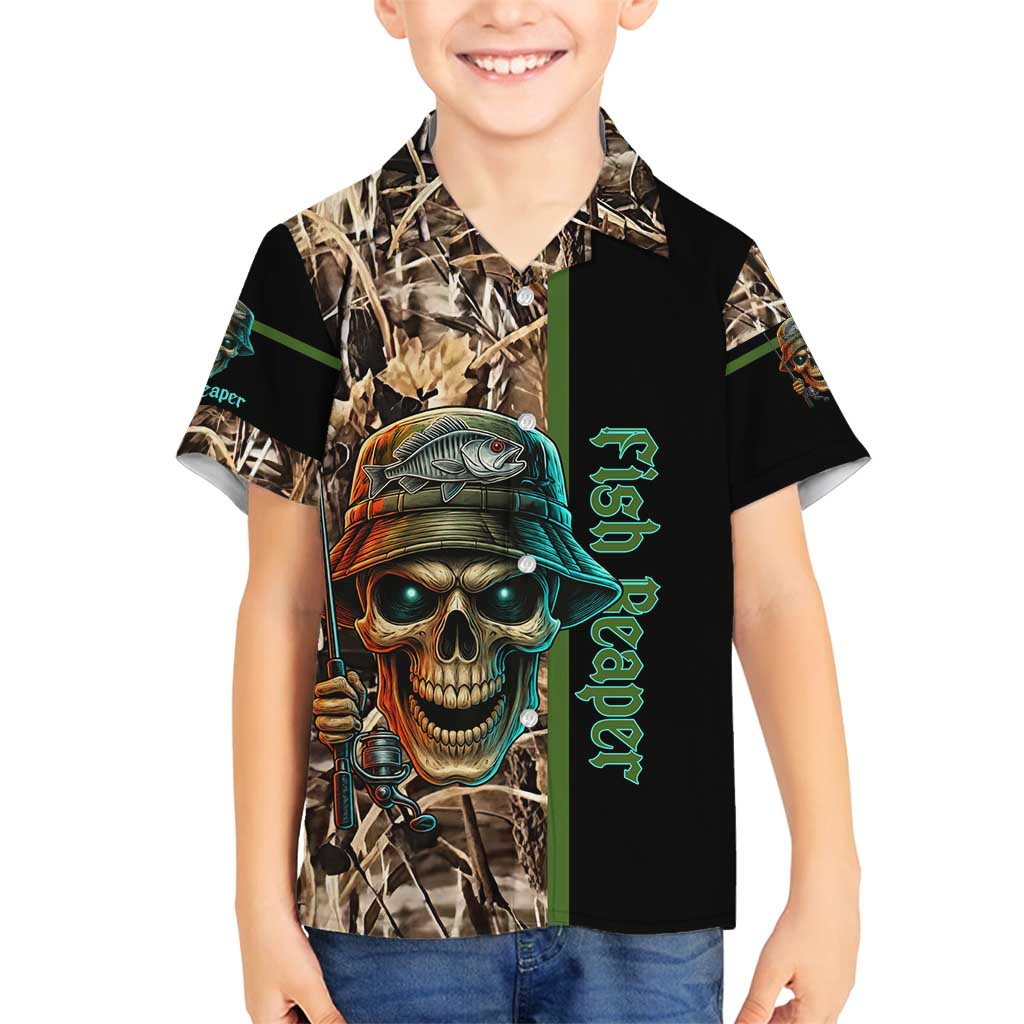Personalized Fish Reaper Skull Family Matching Off Shoulder Short Dress and Hawaiian Shirt Camouflage Background and Fishing Rod Graphic Design - Wonder Print Shop