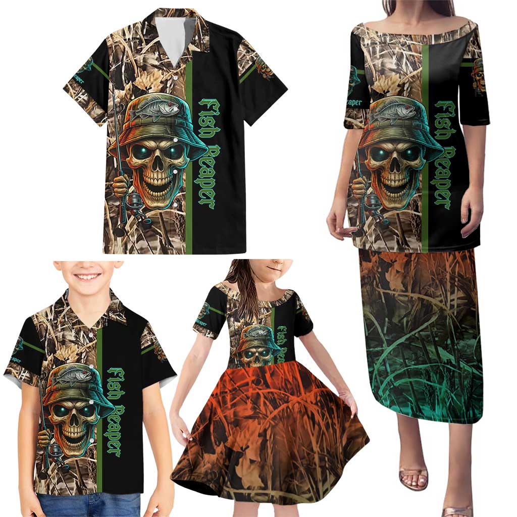 Personalized Fish Reaper Skull Family Matching Puletasi and Hawaiian Shirt Camouflage Background and Fishing Rod Graphic Design - Wonder Print Shop