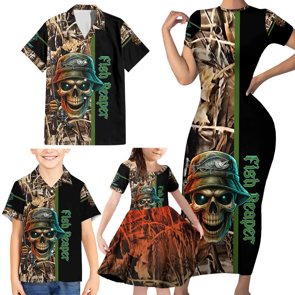 Personalized Fish Reaper Skull Family Matching Short Sleeve Bodycon Dress and Hawaiian Shirt Camouflage Background and Fishing Rod Graphic Design - Wonder Print Shop