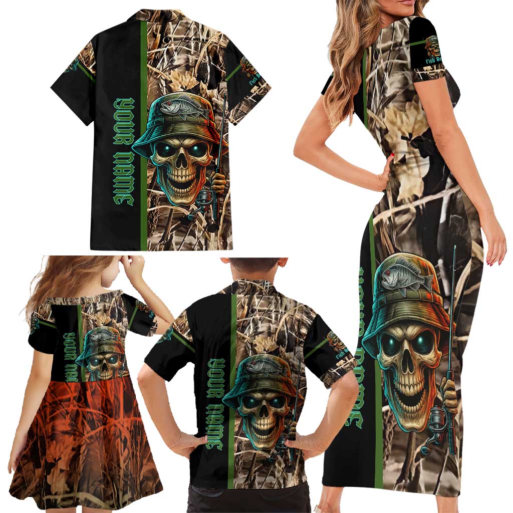 Personalized Fish Reaper Skull Family Matching Short Sleeve Bodycon Dress and Hawaiian Shirt Camouflage Background and Fishing Rod Graphic Design - Wonder Print Shop