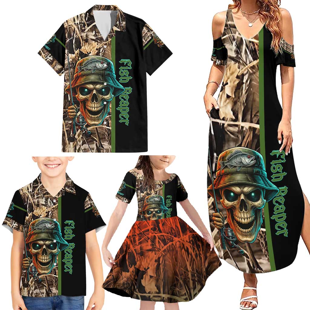 Personalized Fish Reaper Skull Family Matching Summer Maxi Dress and Hawaiian Shirt Camouflage Background and Fishing Rod Graphic Design - Wonder Print Shop