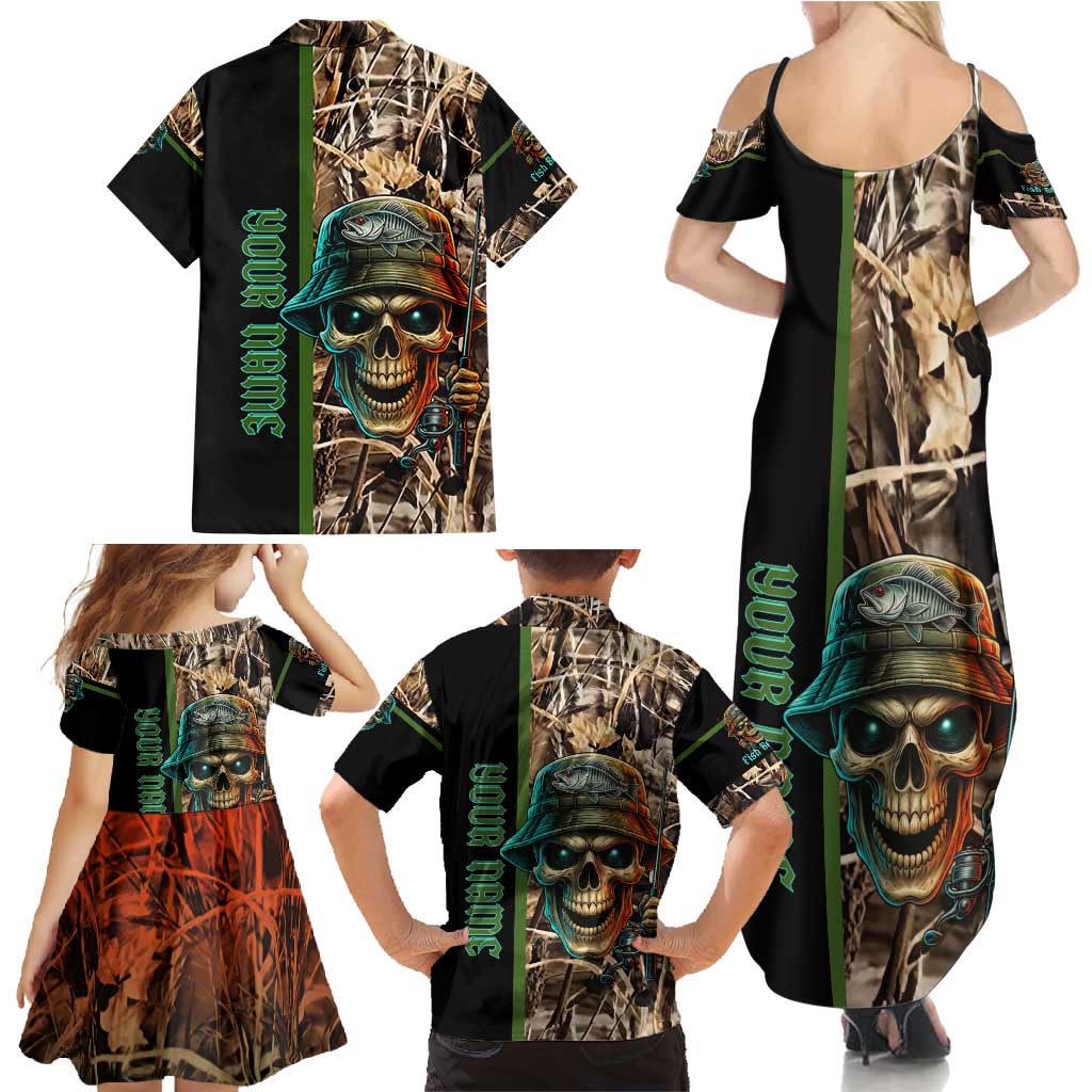 Personalized Fish Reaper Skull Family Matching Summer Maxi Dress and Hawaiian Shirt Camouflage Background and Fishing Rod Graphic Design - Wonder Print Shop