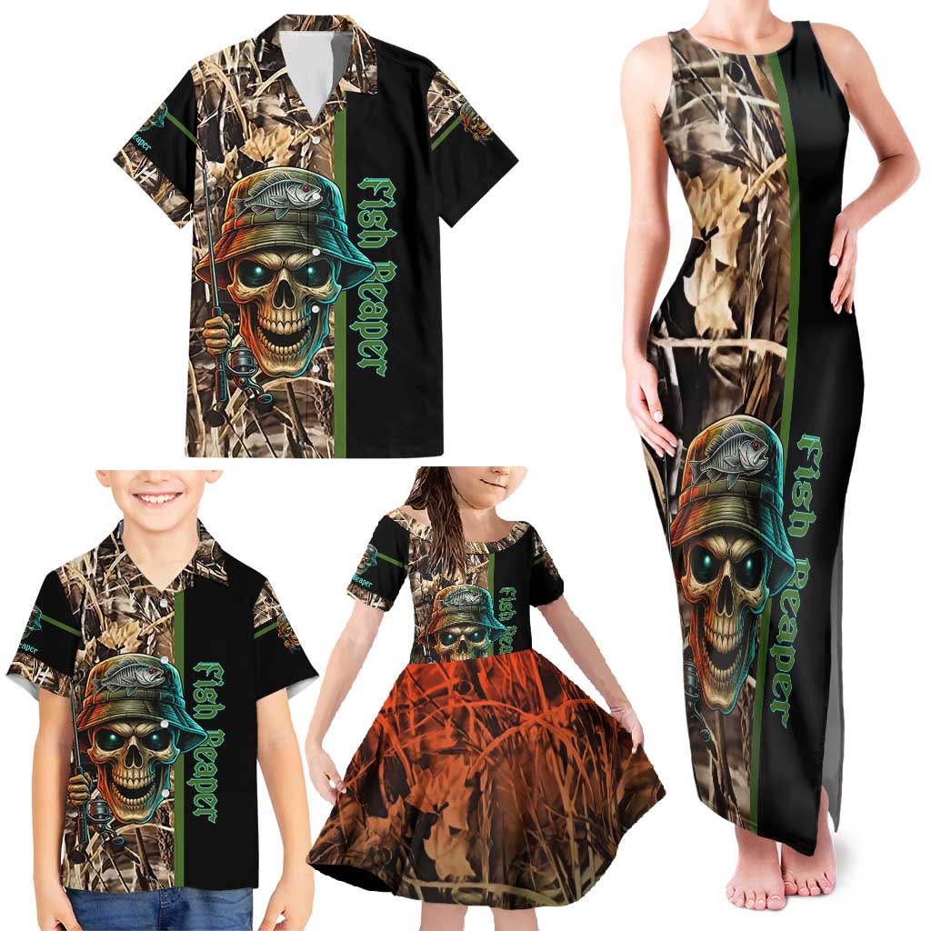 Personalized Fish Reaper Skull Family Matching Tank Maxi Dress and Hawaiian Shirt Camouflage Background and Fishing Rod Graphic Design - Wonder Print Shop