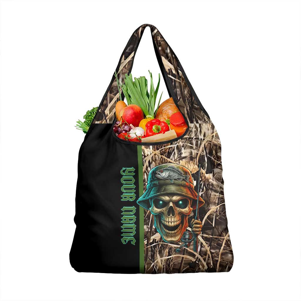 Personalized Fish Reaper Skull Grocery Bag Camouflage Background and Fishing Rod Graphic Design - Wonder Print Shop
