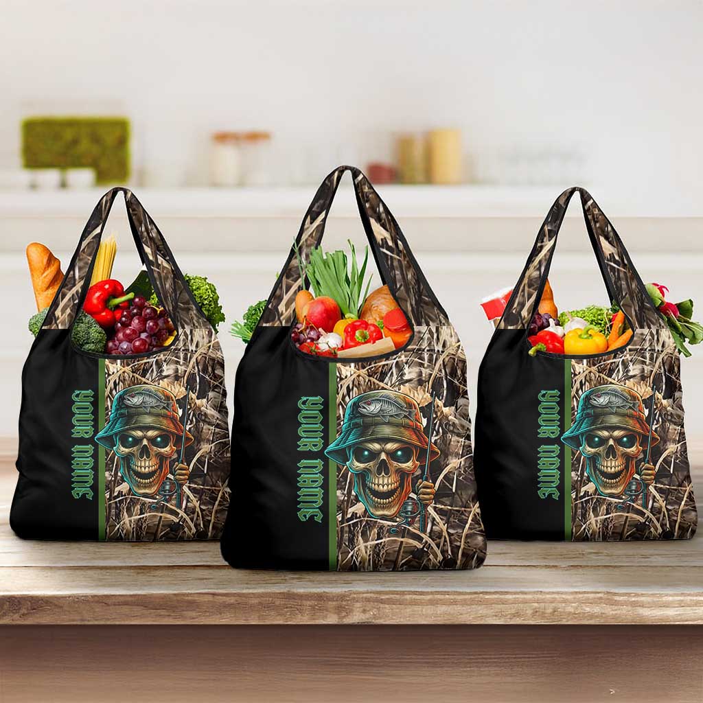 Personalized Fish Reaper Skull Grocery Bag Camouflage Background and Fishing Rod Graphic Design - Wonder Print Shop