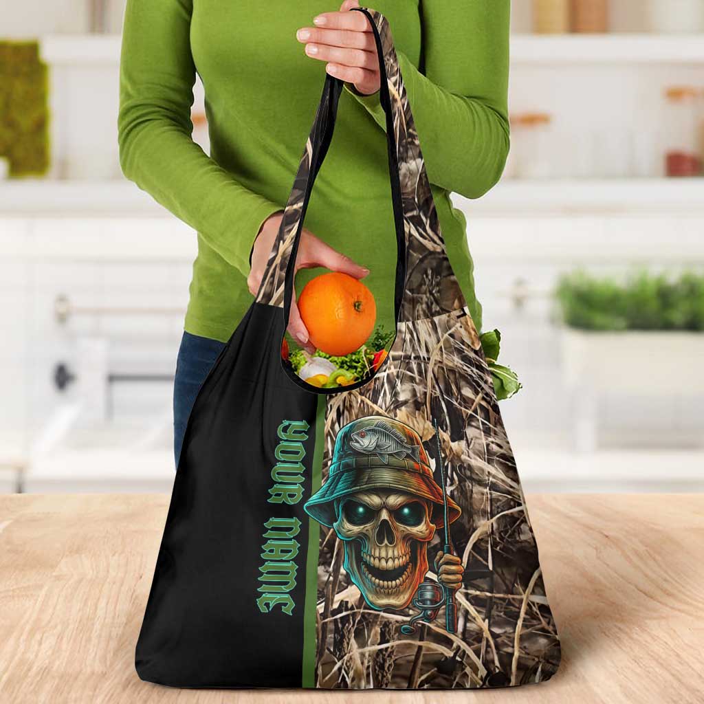 Personalized Fish Reaper Skull Grocery Bag Camouflage Background and Fishing Rod Graphic Design - Wonder Print Shop