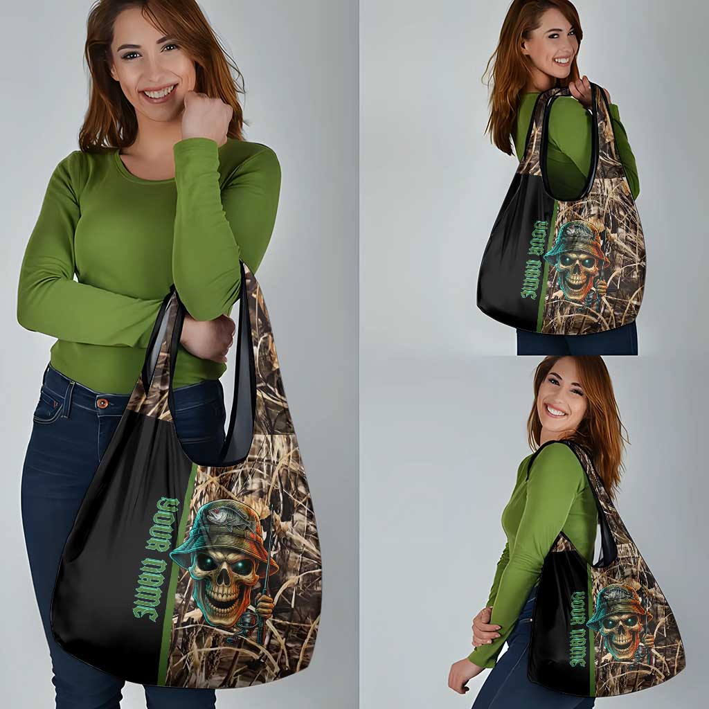 Personalized Fish Reaper Skull Grocery Bag Camouflage Background and Fishing Rod Graphic Design - Wonder Print Shop