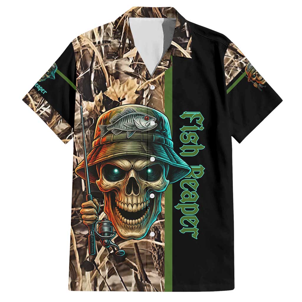 Personalized Fish Reaper Skull Hawaiian Shirt Camouflage Background and Fishing Rod Graphic Design - Wonder Print Shop