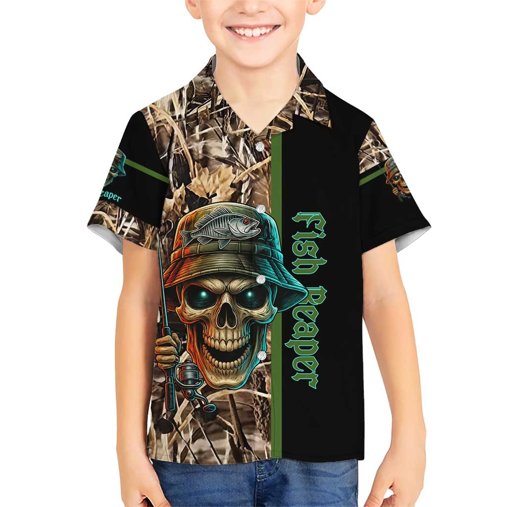 Personalized Fish Reaper Skull Hawaiian Shirt Camouflage Background and Fishing Rod Graphic Design - Wonder Print Shop