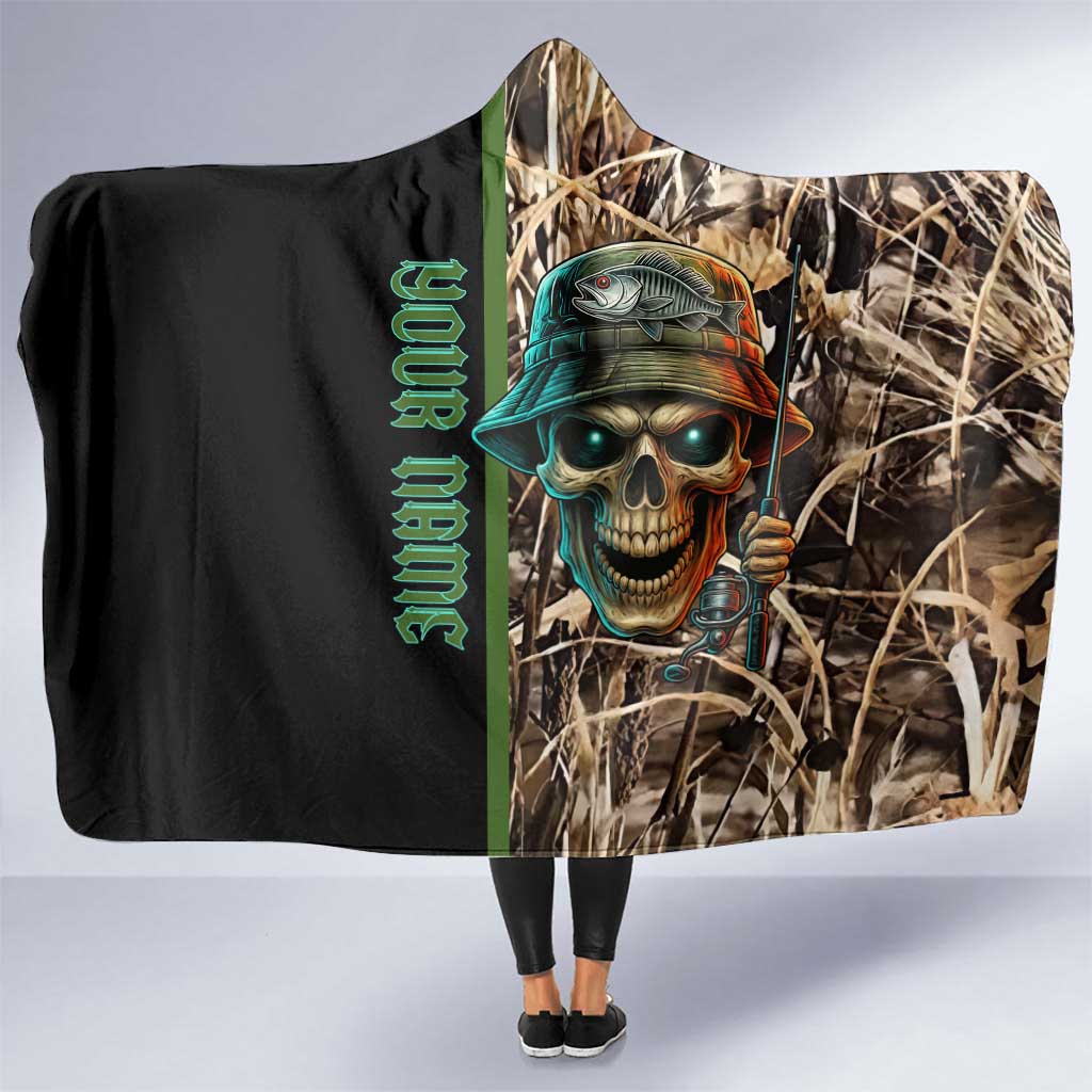 Personalized Fish Reaper Skull Hooded Blanket Camouflage Background and Fishing Rod Graphic Design - Wonder Print Shop