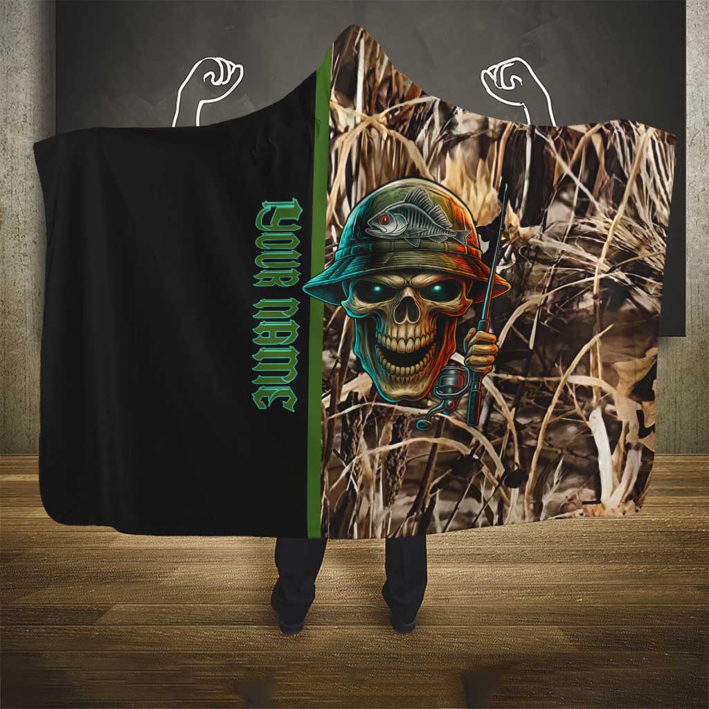 Personalized Fish Reaper Skull Hooded Blanket Camouflage Background and Fishing Rod Graphic Design - Wonder Print Shop