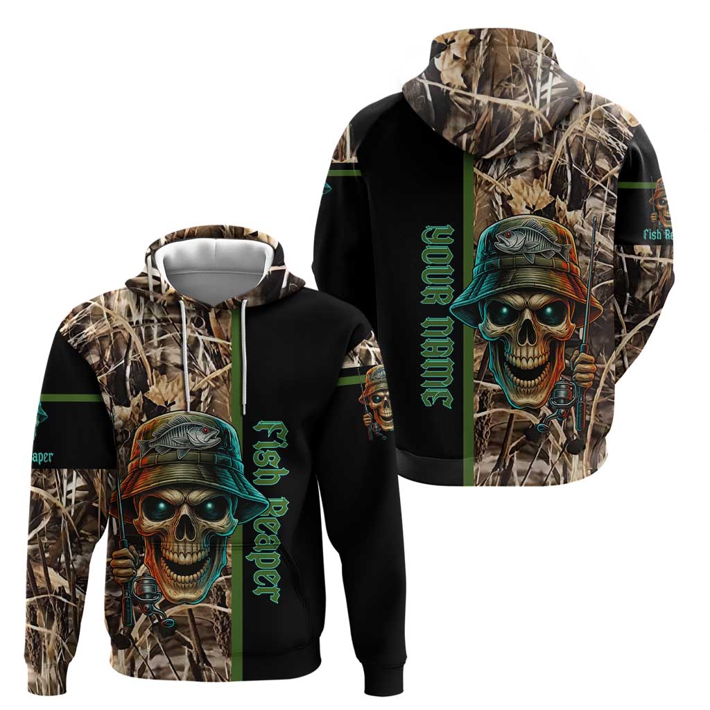 Personalized Fish Reaper Skull Hoodie Camouflage Background and Fishing Rod Graphic Design - Wonder Print Shop