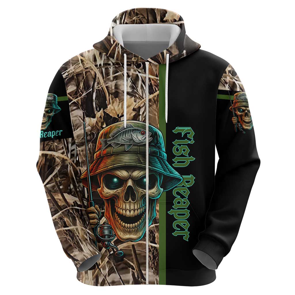 Personalized Fish Reaper Skull Hoodie Camouflage Background and Fishing Rod Graphic Design - Wonder Print Shop