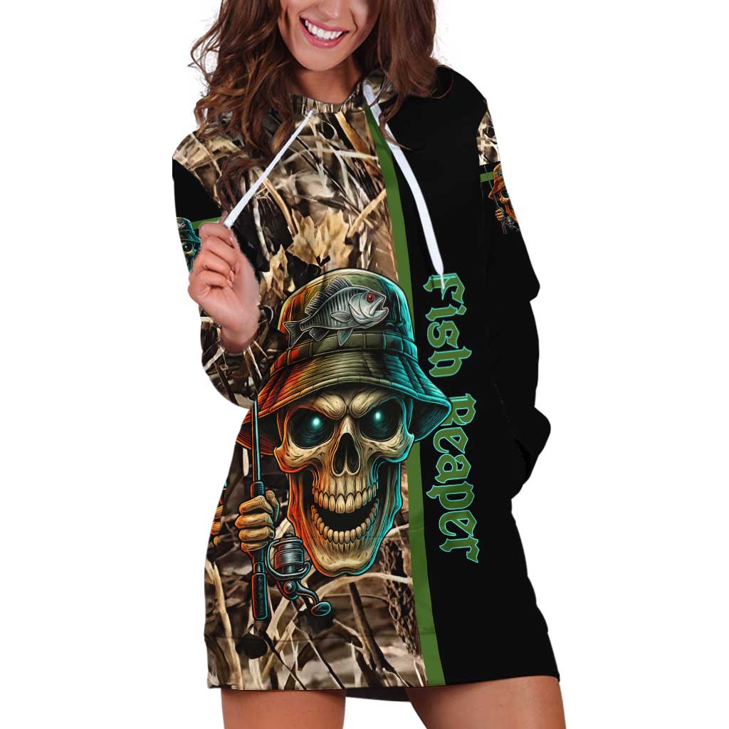 Personalized Fish Reaper Skull Hoodie Dress Camouflage Background and Fishing Rod Graphic Design - Wonder Print Shop