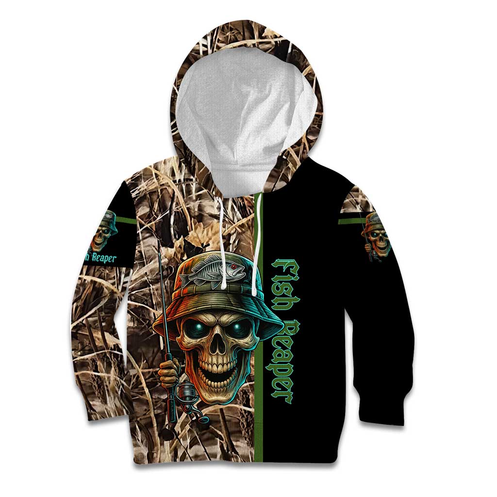 Personalized Fish Reaper Skull Kid Hoodie Camouflage Background and Fishing Rod Graphic Design - Wonder Print Shop