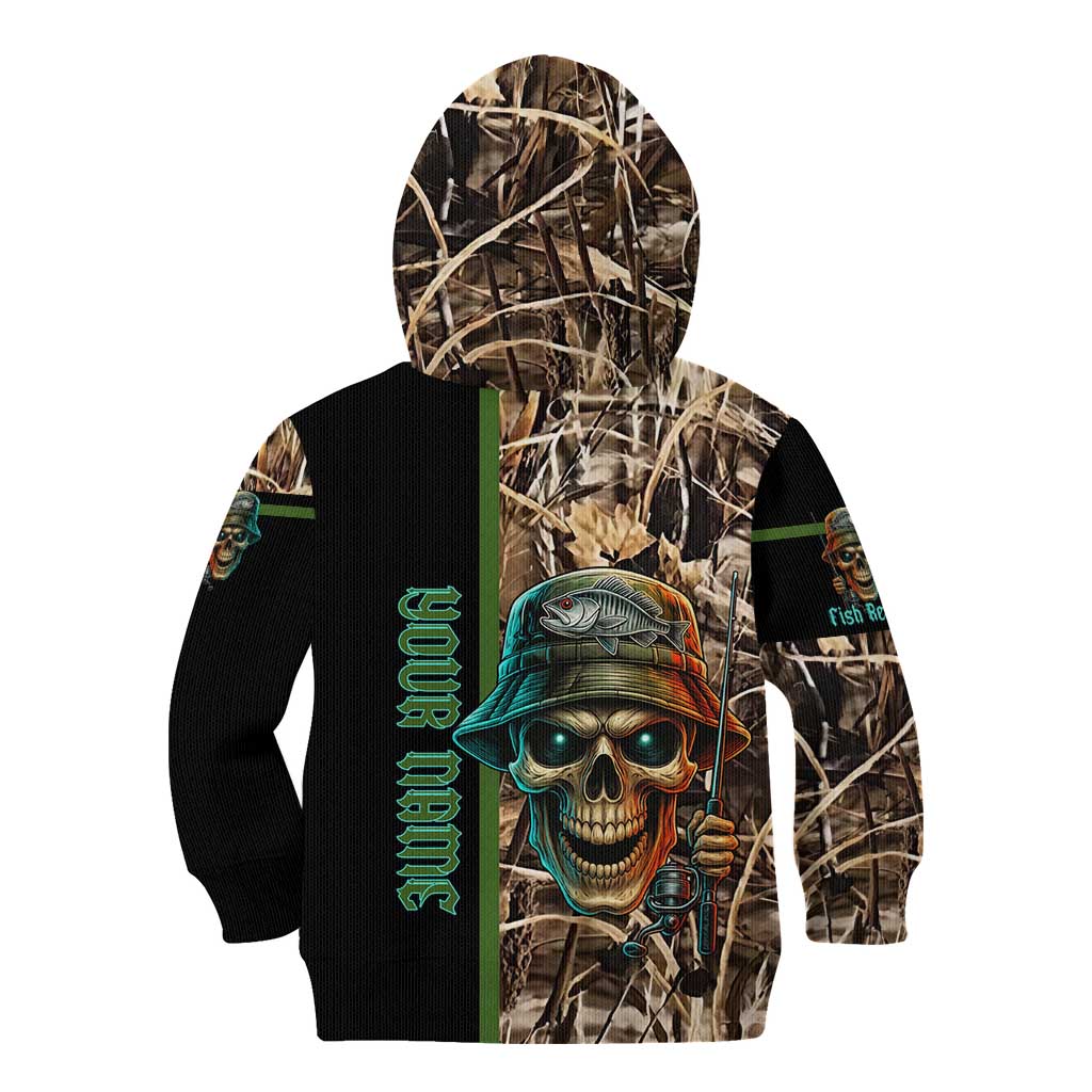 Personalized Fish Reaper Skull Kid Hoodie Camouflage Background and Fishing Rod Graphic Design - Wonder Print Shop