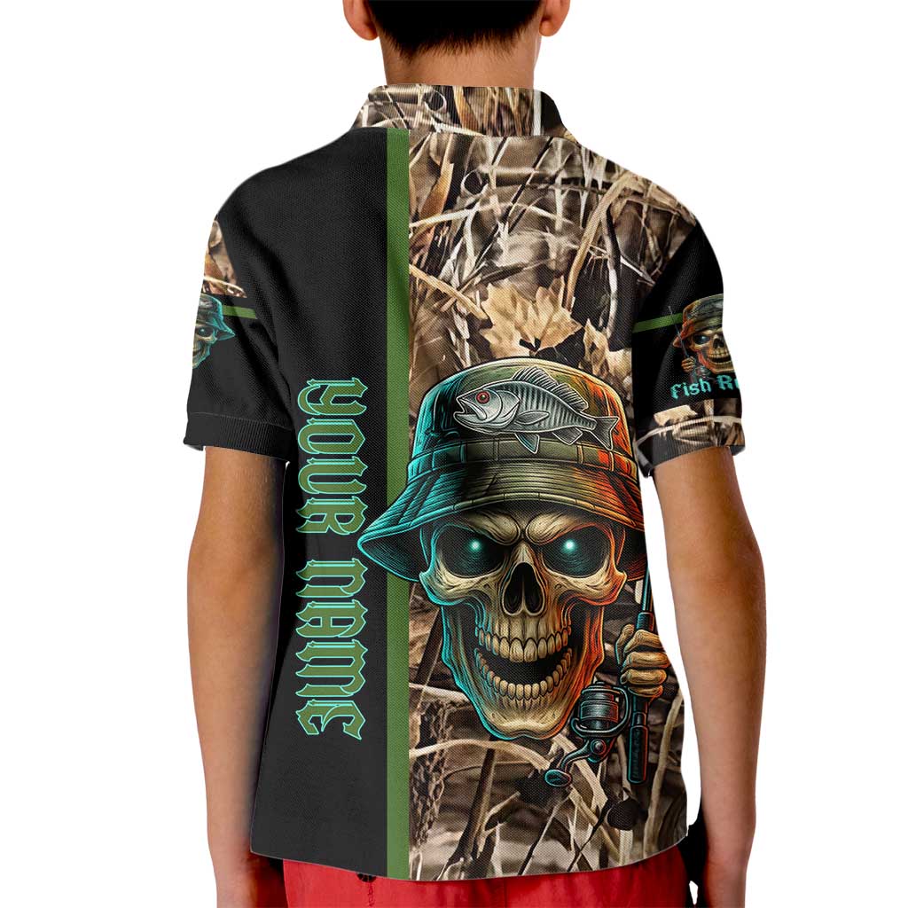 Personalized Fish Reaper Skull Kid Polo Shirt Camouflage Background and Fishing Rod Graphic Design - Wonder Print Shop