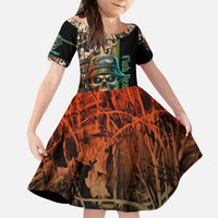 Personalized Fish Reaper Skull Kid Short Sleeve Dress Camouflage Background and Fishing Rod Graphic Design - Wonder Print Shop