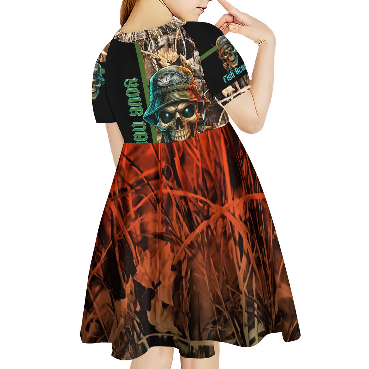 Personalized Fish Reaper Skull Kid Short Sleeve Dress Camouflage Background and Fishing Rod Graphic Design - Wonder Print Shop