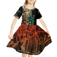 Personalized Fish Reaper Skull Kid Short Sleeve Dress Camouflage Background and Fishing Rod Graphic Design - Wonder Print Shop