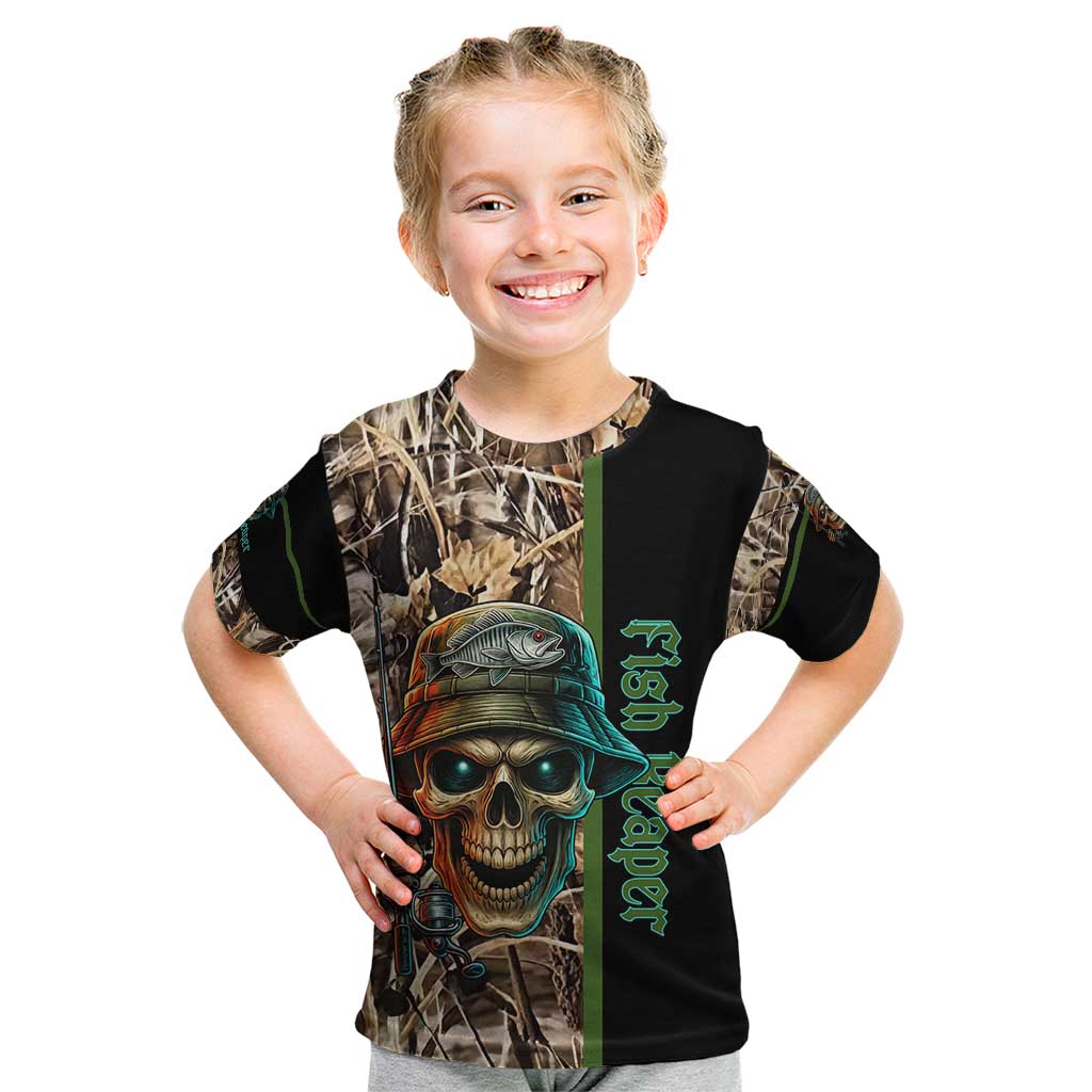 Personalized Fish Reaper Skull Kid T Shirt Camouflage Background and Fishing Rod Graphic Design - Wonder Print Shop