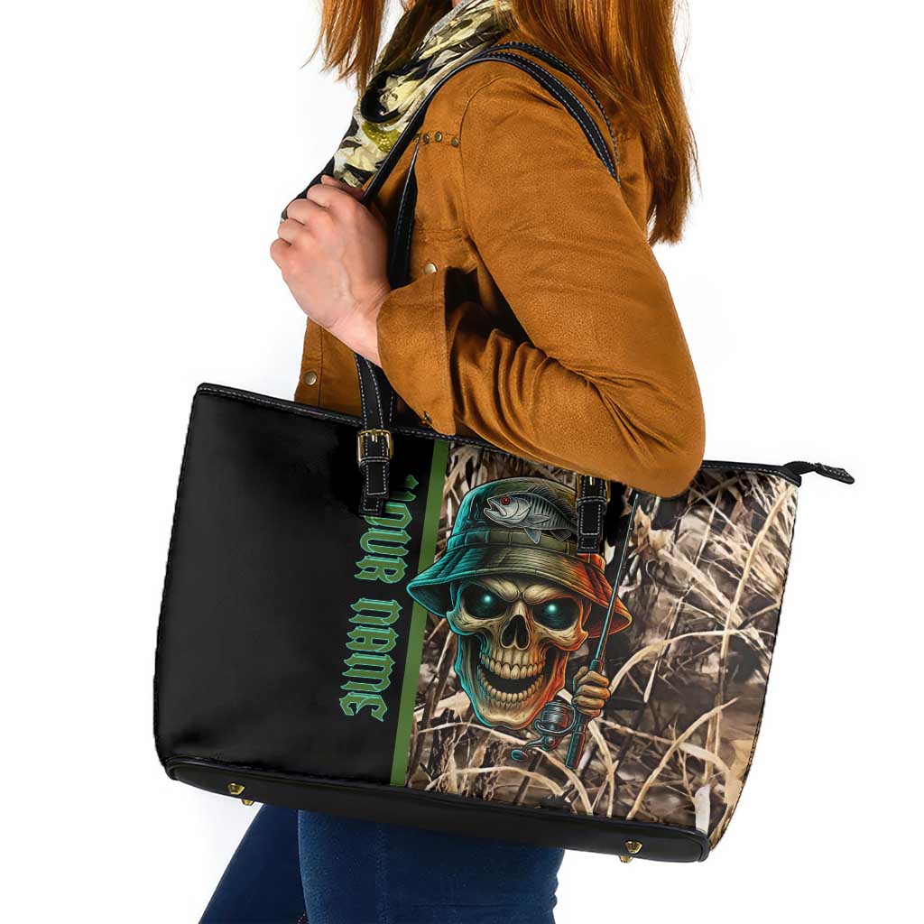 Personalized Fish Reaper Skull Leather Tote Bag Camouflage Background and Fishing Rod Graphic Design - Wonder Print Shop