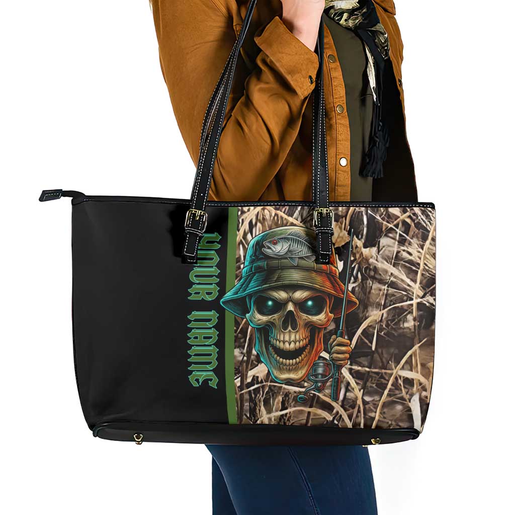 Personalized Fish Reaper Skull Leather Tote Bag Camouflage Background and Fishing Rod Graphic Design - Wonder Print Shop